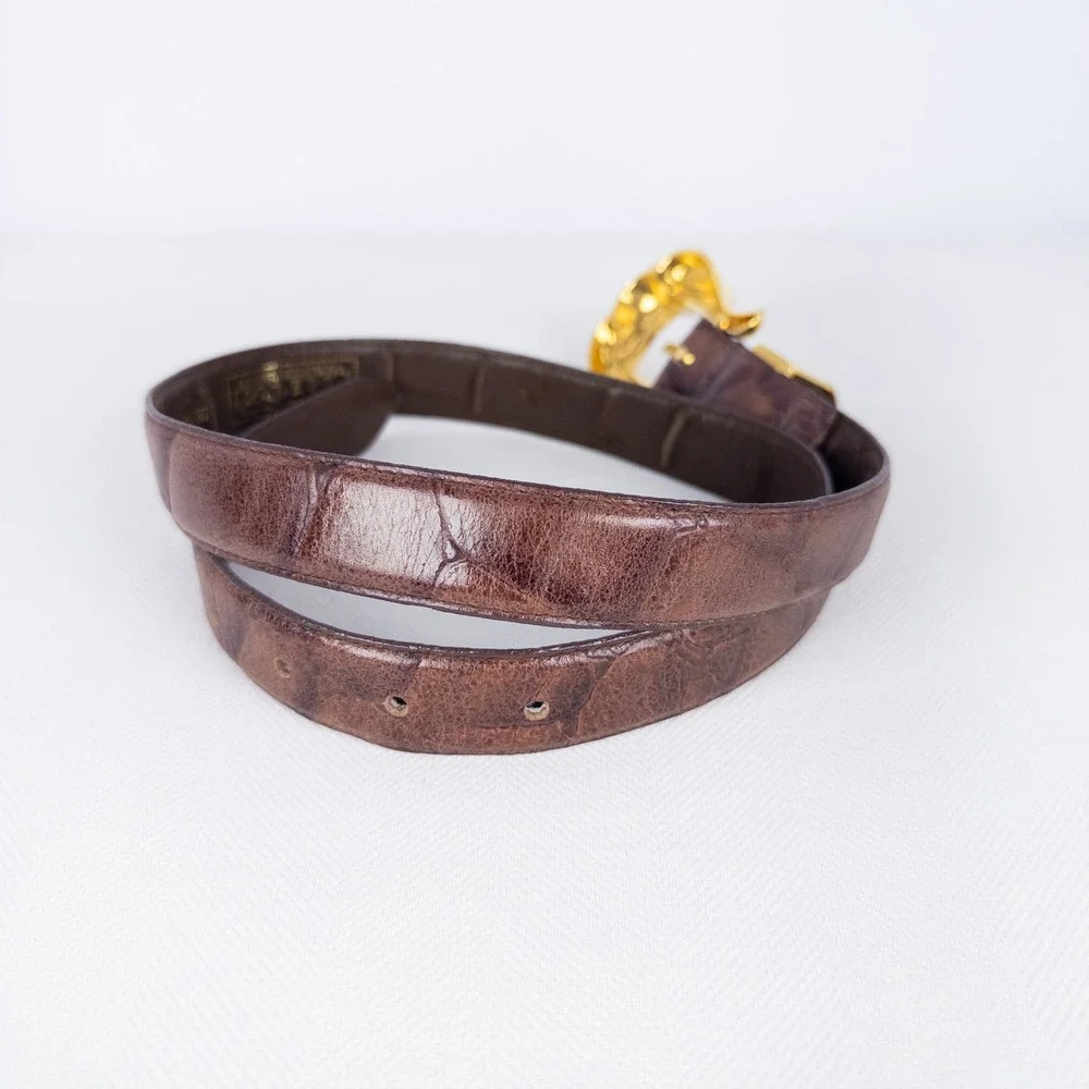 Sculptural Vintage Ritz Brown Leather Croc Embossed Belt Gold Wing Buckle 34